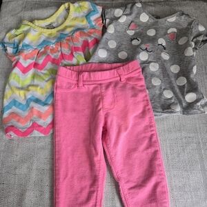 Baby Bundle - Girls Neon Pink Leggings with Chevron and Cat Tees